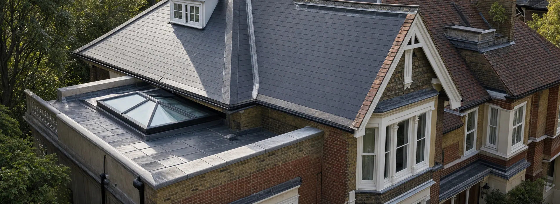Slate roof and flat roof with roof lantern